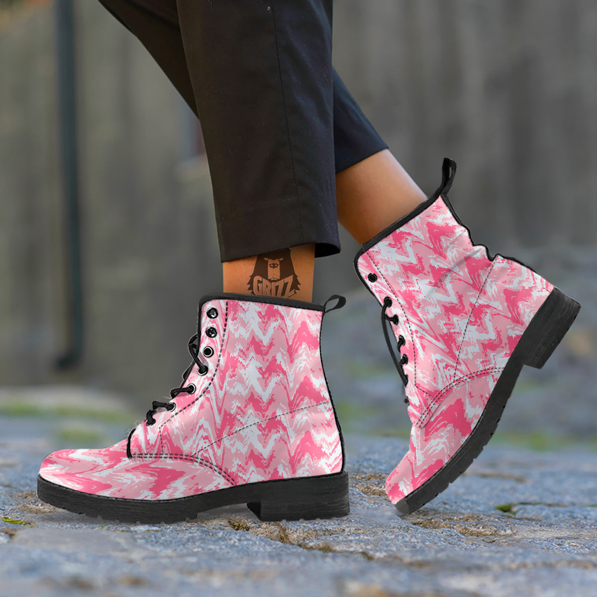 Zigzag Abstract Stripes Pink Print Pattern Leather Boots-grizzshop