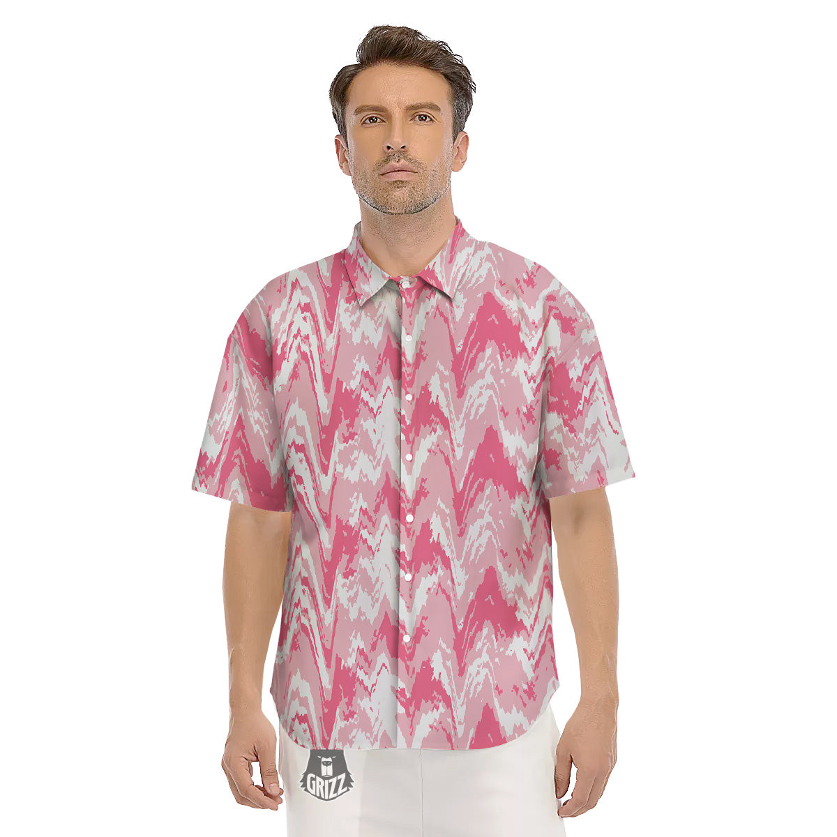 Zigzag Abstract Stripes Pink Print Pattern Men's Short Sleeve Shirts-grizzshop