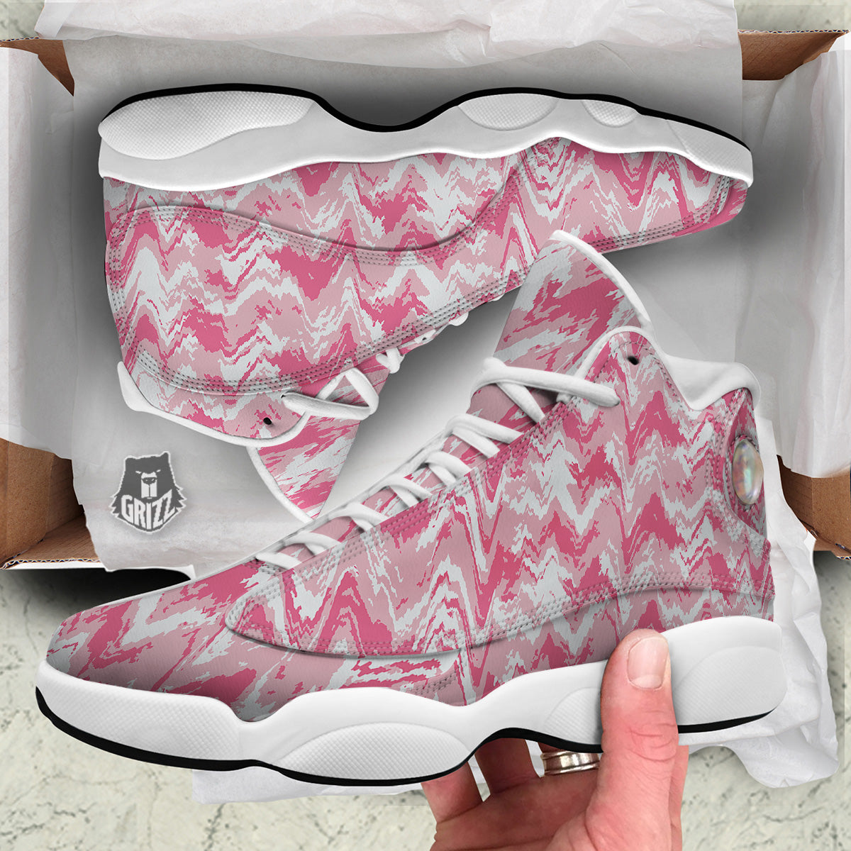 Zigzag Abstract Stripes Pink Print Pattern White Basketball Shoes-grizzshop
