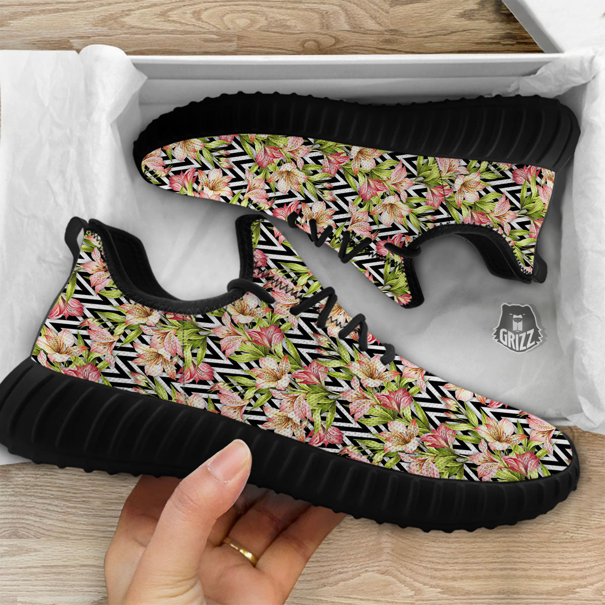 Zigzag Alstroemeria Pastel Print Pattern Black Walking Shoes-grizzshop