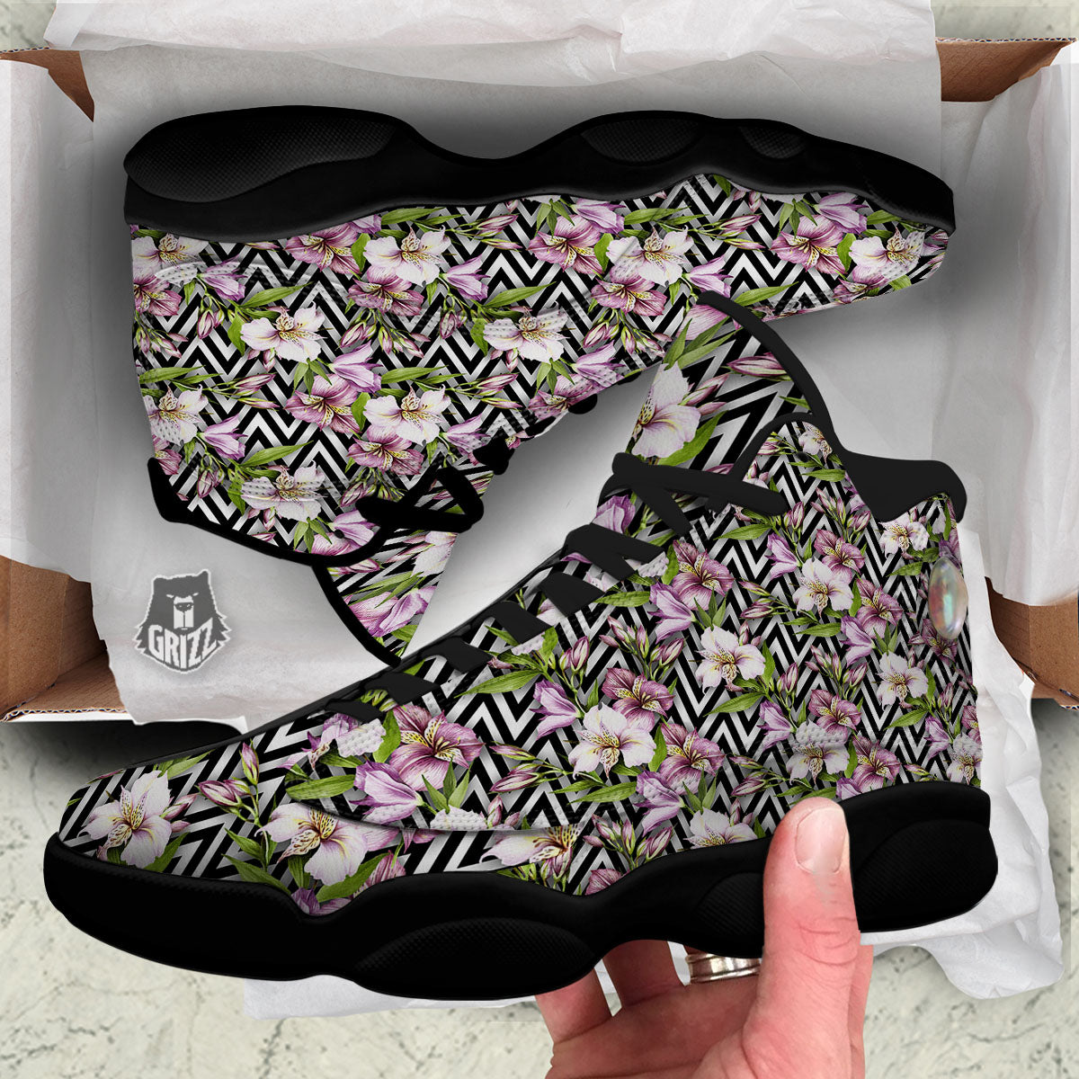 Zigzag Alstroemeria Purple Print Pattern Black Basketball Shoes-grizzshop