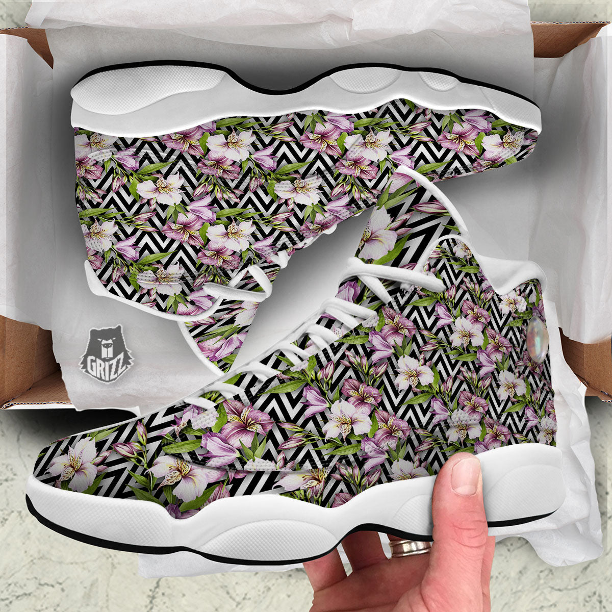 Zigzag Alstroemeria Purple Print Pattern White Basketball Shoes-grizzshop