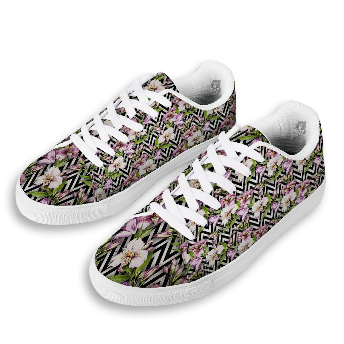 Zigzag Alstroemeria Purple Print Pattern White Low Top Sneakers-grizzshop