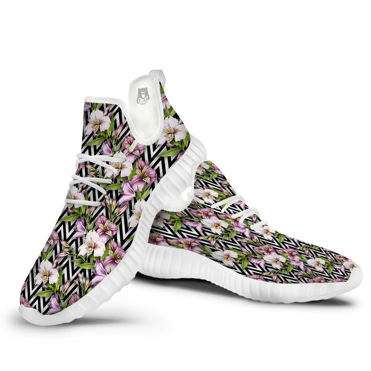 Zigzag Alstroemeria Purple Print Pattern White Walking Shoes-grizzshop