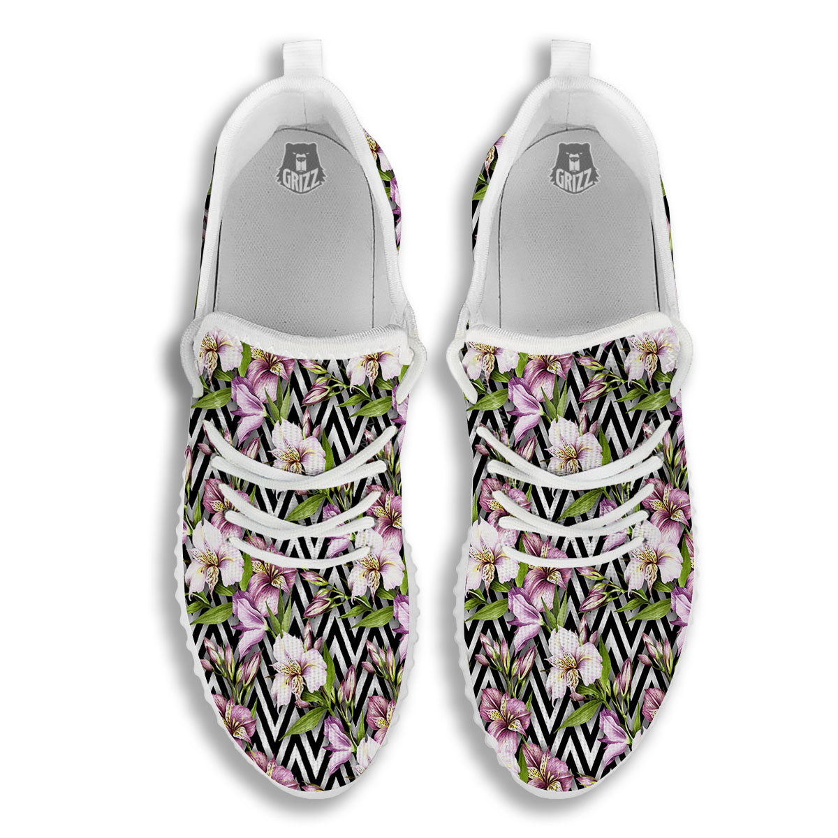 Zigzag Alstroemeria Purple Print Pattern White Walking Shoes-grizzshop