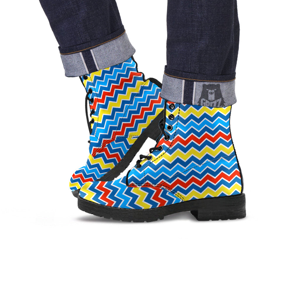 Zigzag Autism Awareness Color Print Pattern Leather Boots-grizzshop