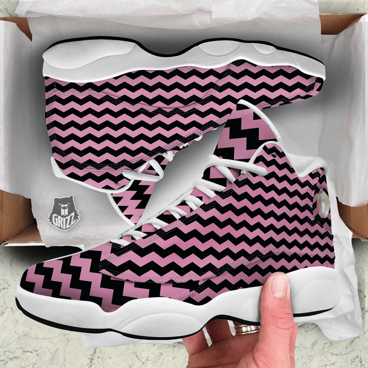 Zigzag Black And Pink Print Pattern White Basketball Shoes-grizzshop