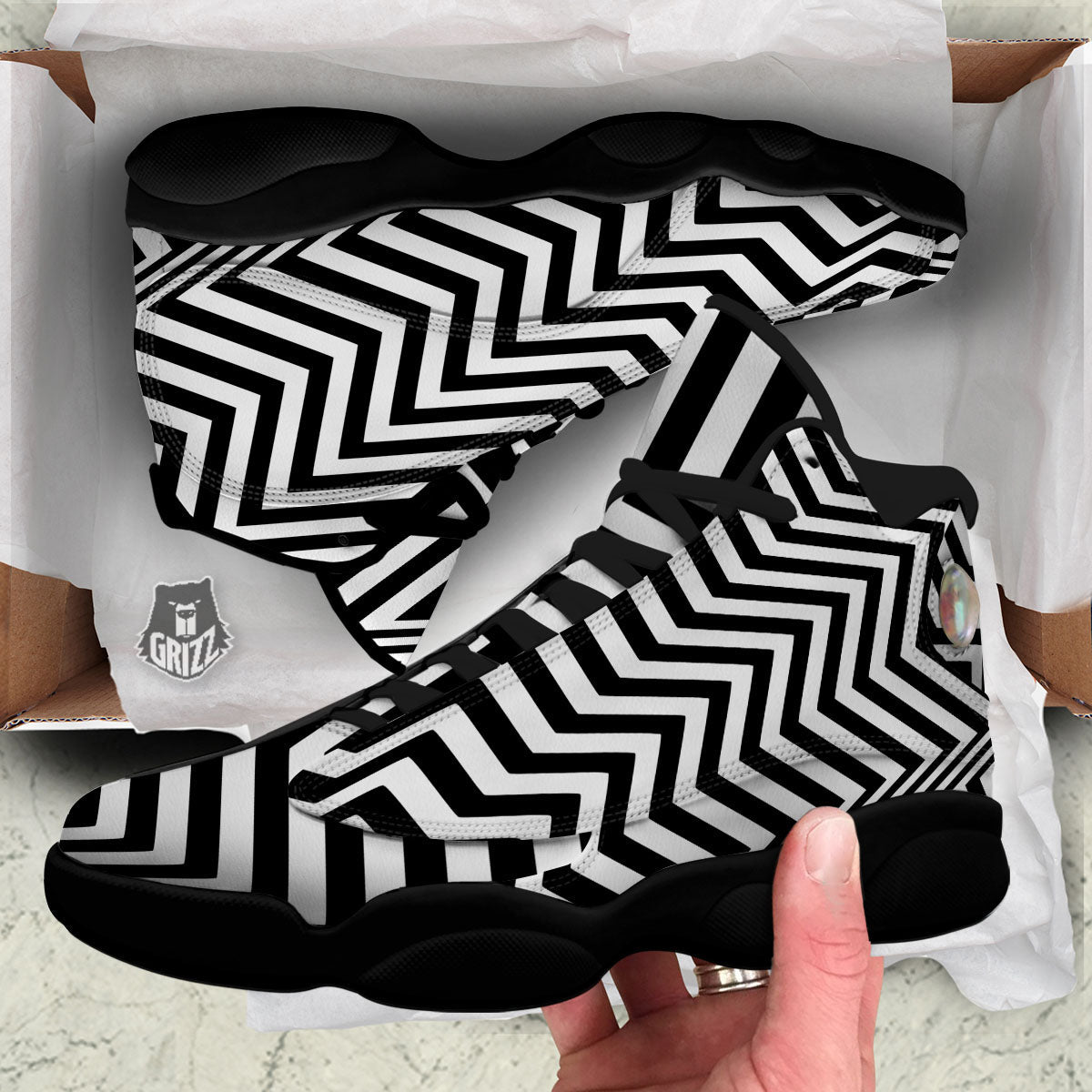 Zigzag Dazzle White And Black Print Black Basketball Shoes-grizzshop