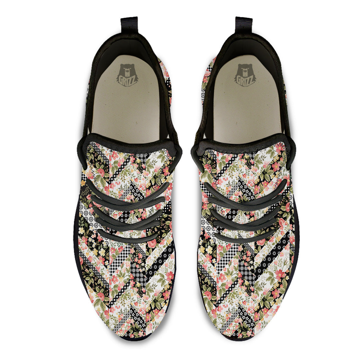 Zigzag Floral Patchwork Print Pattern Black Athletic Shoes-grizzshop