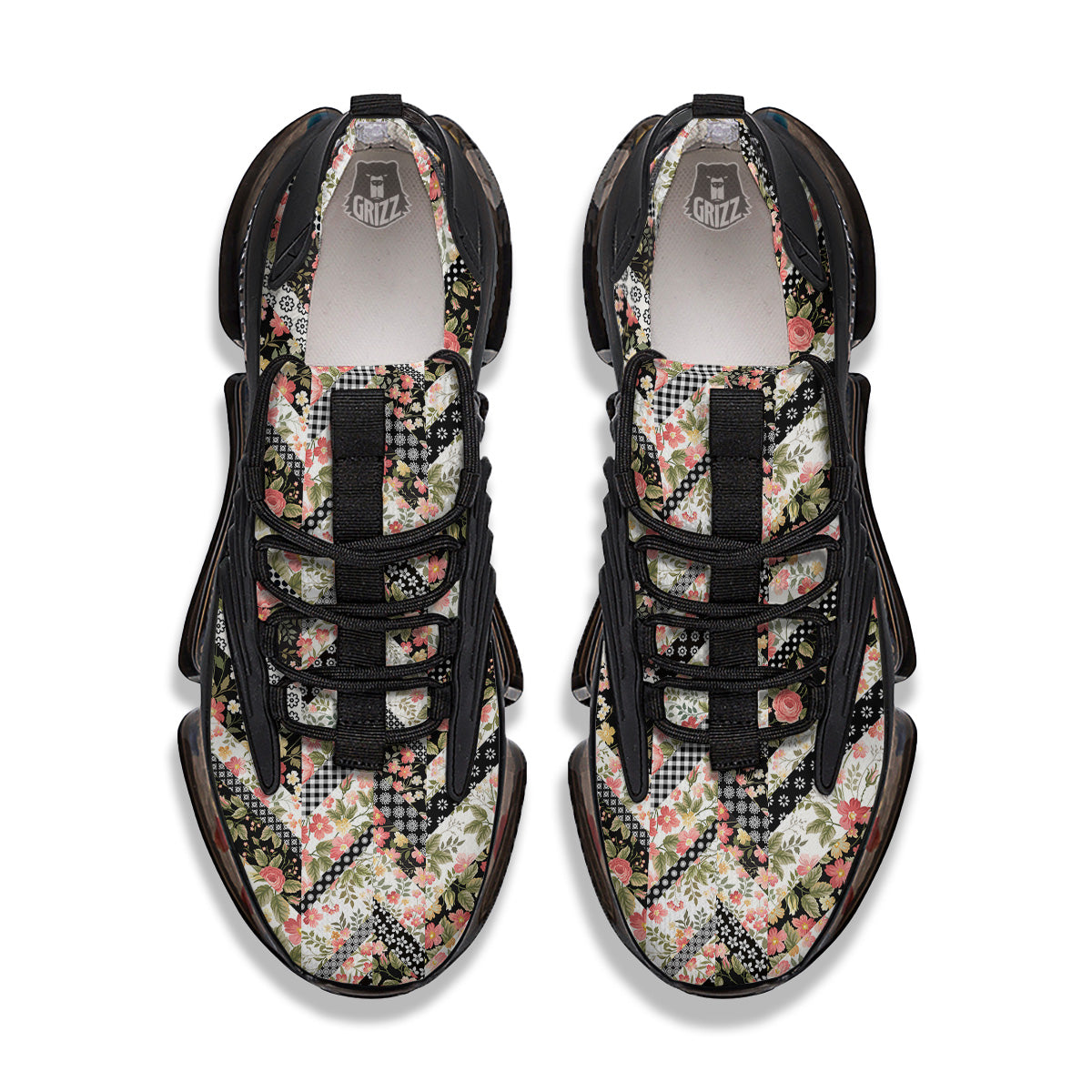 Zigzag Floral Patchwork Print Pattern Black Gym Shoes-grizzshop