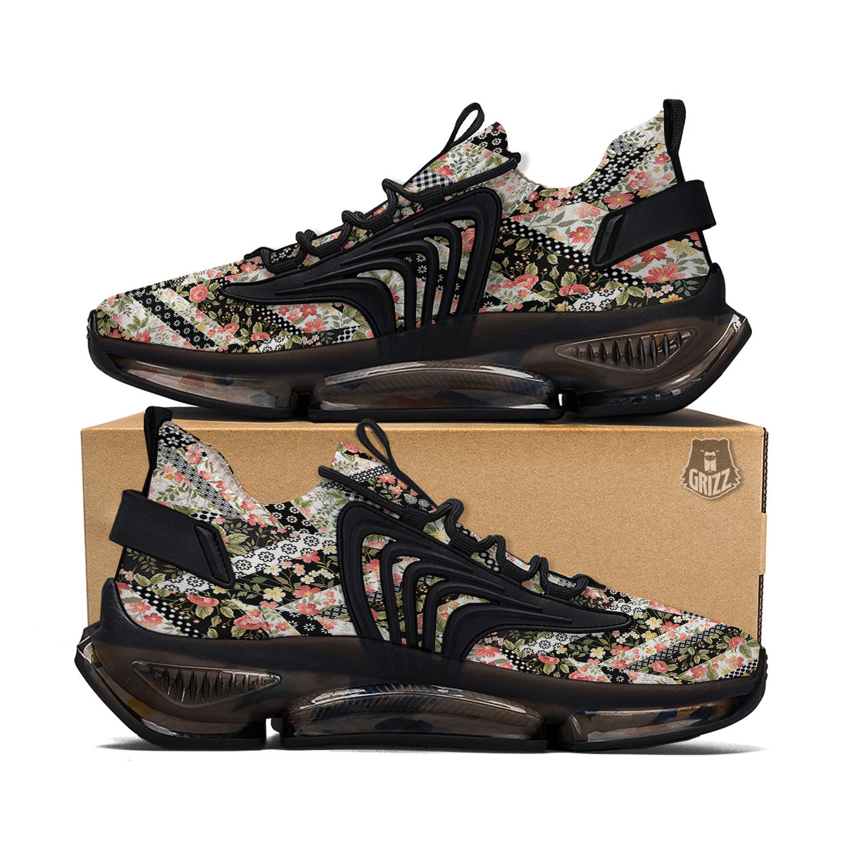 Zigzag Floral Patchwork Print Pattern Black Gym Shoes-grizzshop