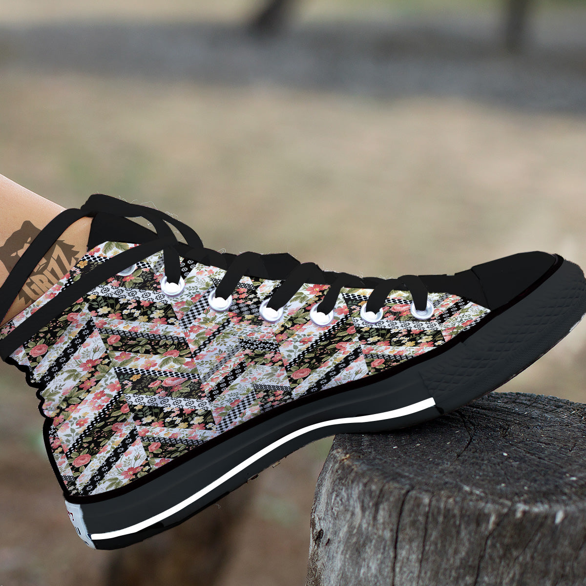 Zigzag Floral Patchwork Print Pattern Black High Top Shoes-grizzshop