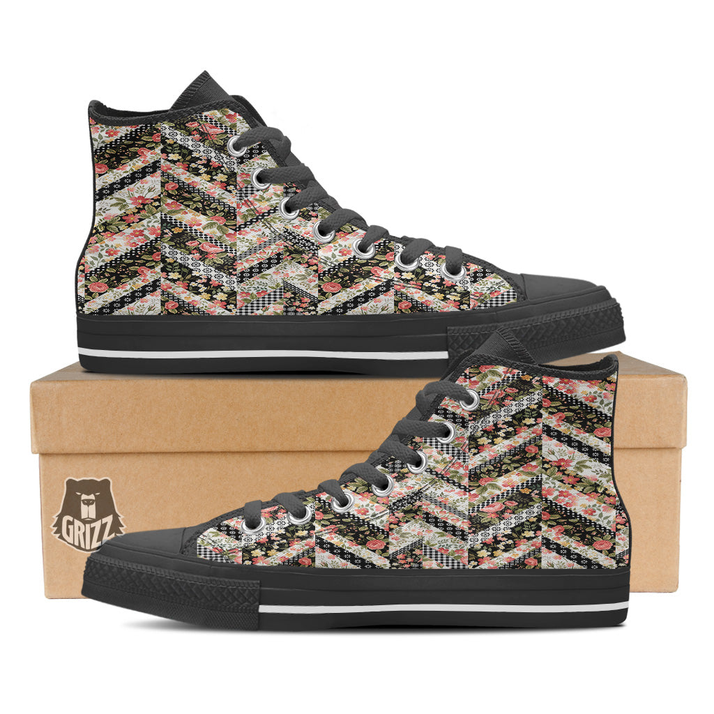 Zigzag Floral Patchwork Print Pattern Black High Top Shoes-grizzshop