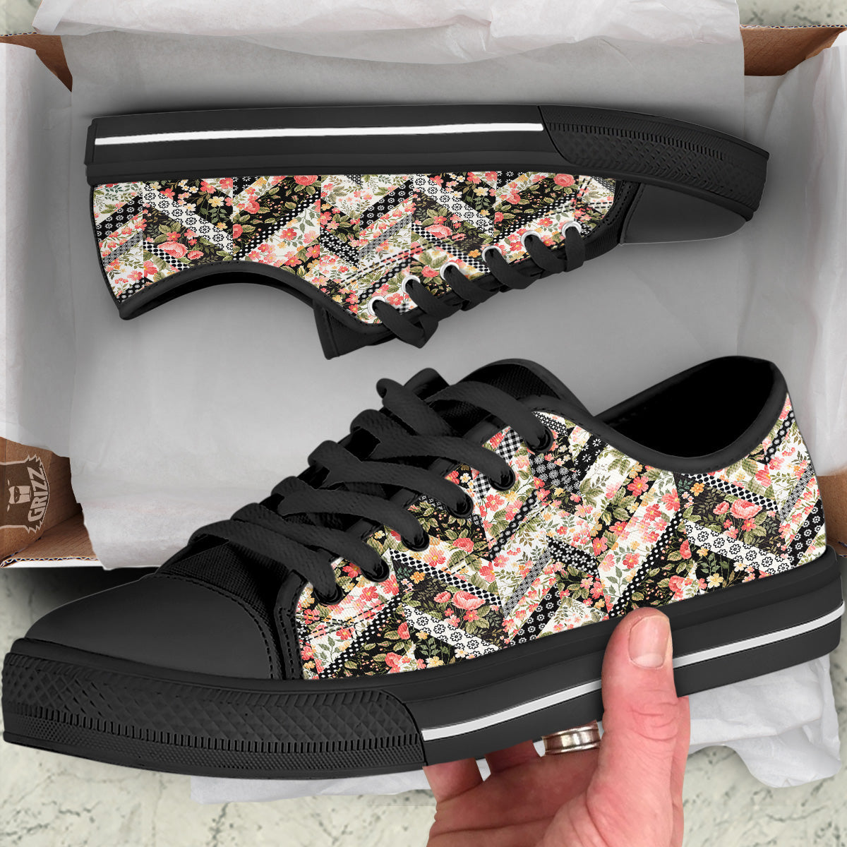 Zigzag Floral Patchwork Print Pattern Black Low Top Shoes-grizzshop