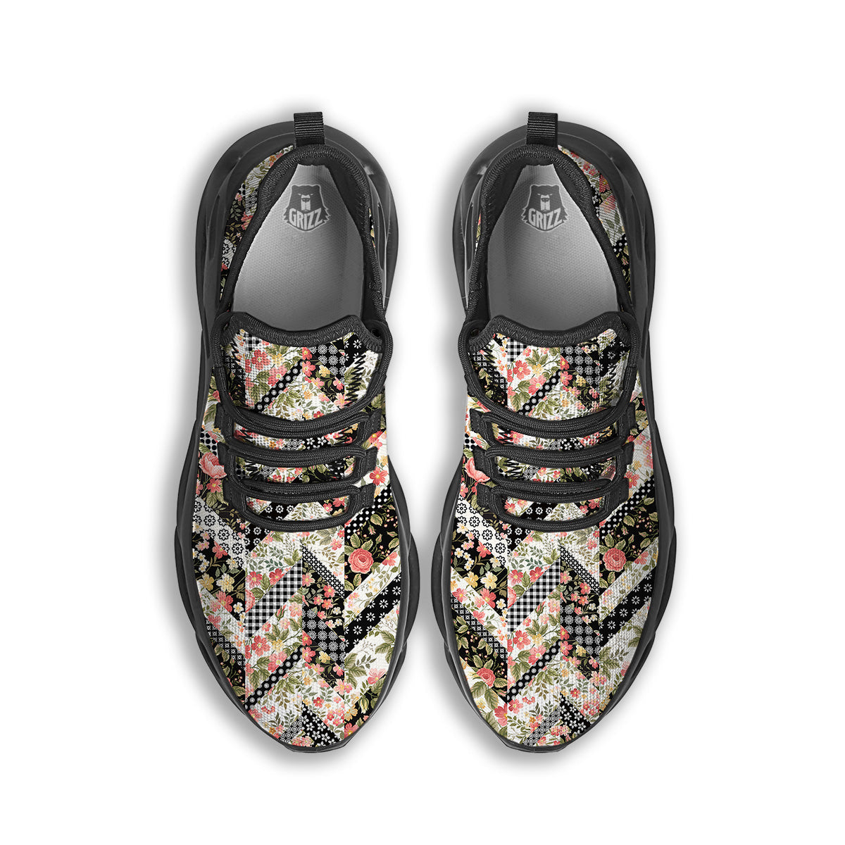 Zigzag Floral Patchwork Print Pattern Black Running Shoes-grizzshop