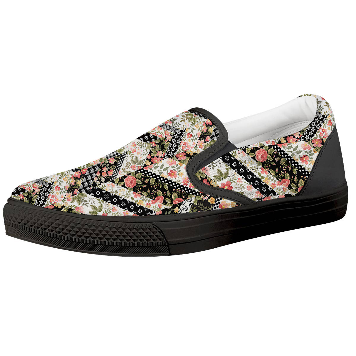 Zigzag Floral Patchwork Print Pattern Black Slip On Shoes-grizzshop