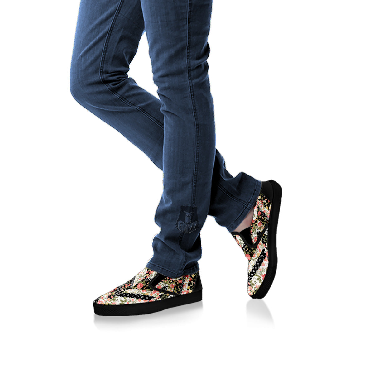 Zigzag Floral Patchwork Print Pattern Black Slip On Shoes-grizzshop