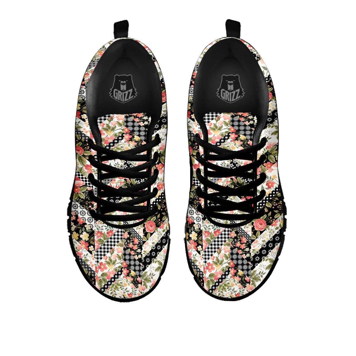 Zigzag Floral Patchwork Print Pattern Black Sneaker-grizzshop
