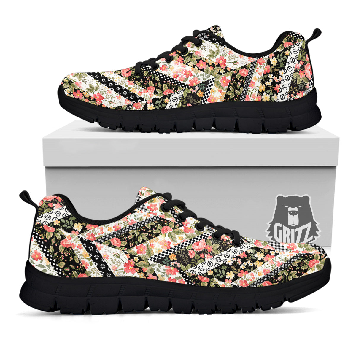Zigzag Floral Patchwork Print Pattern Black Sneaker-grizzshop