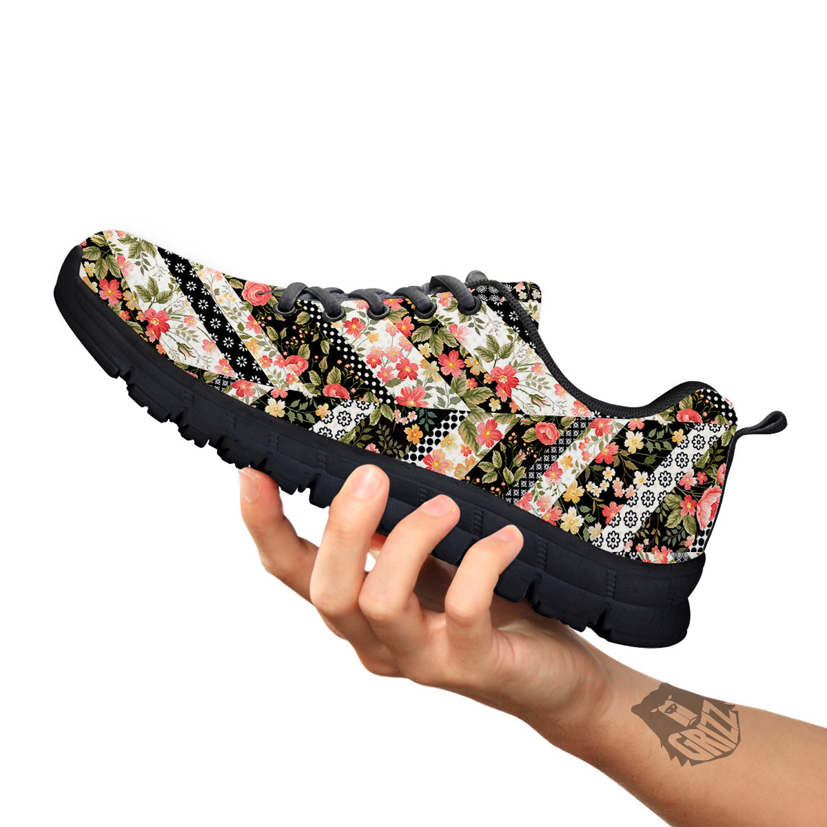 Zigzag Floral Patchwork Print Pattern Black Sneaker-grizzshop