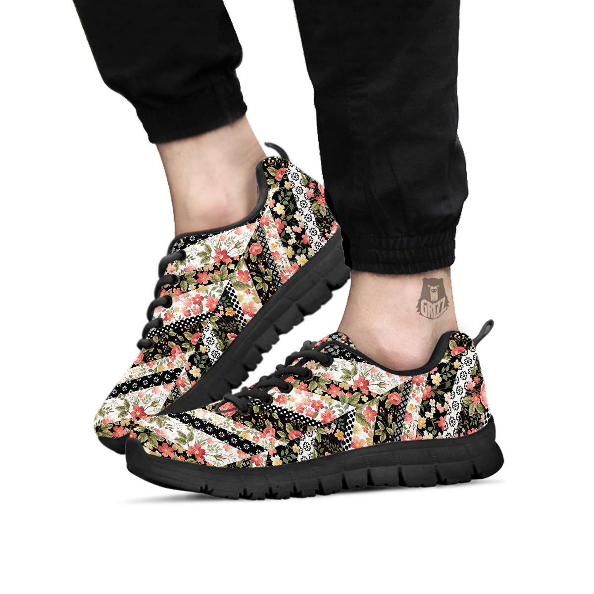 Zigzag Floral Patchwork Print Pattern Black Sneaker-grizzshop