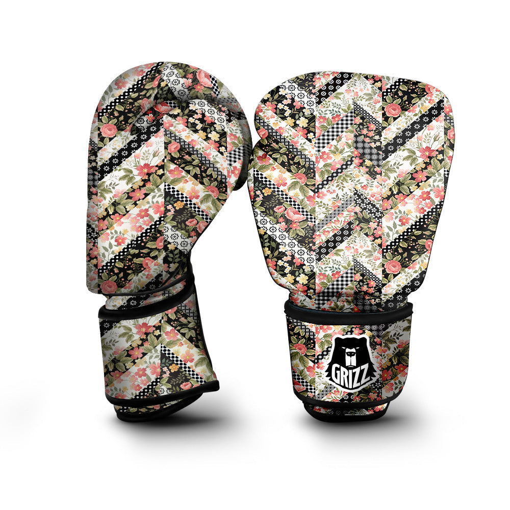 Zigzag Floral Patchwork Print Pattern Boxing Gloves-grizzshop