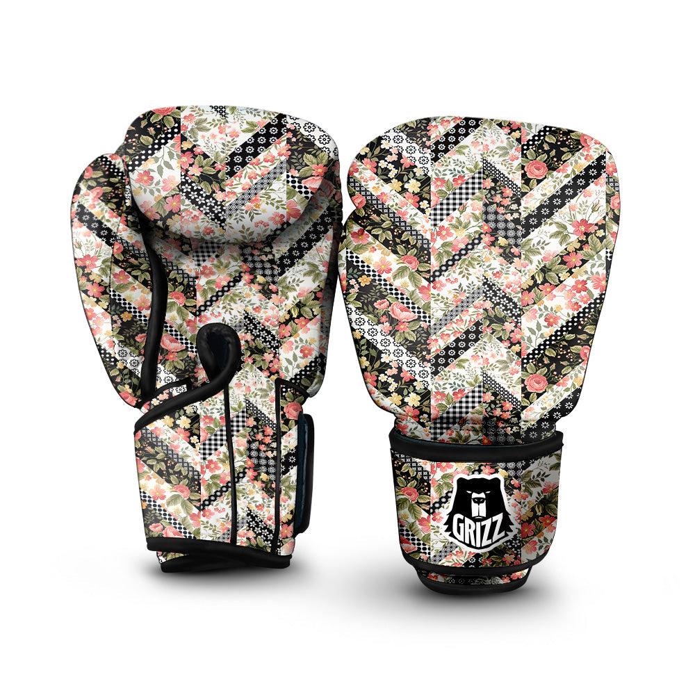 Zigzag Floral Patchwork Print Pattern Boxing Gloves-grizzshop