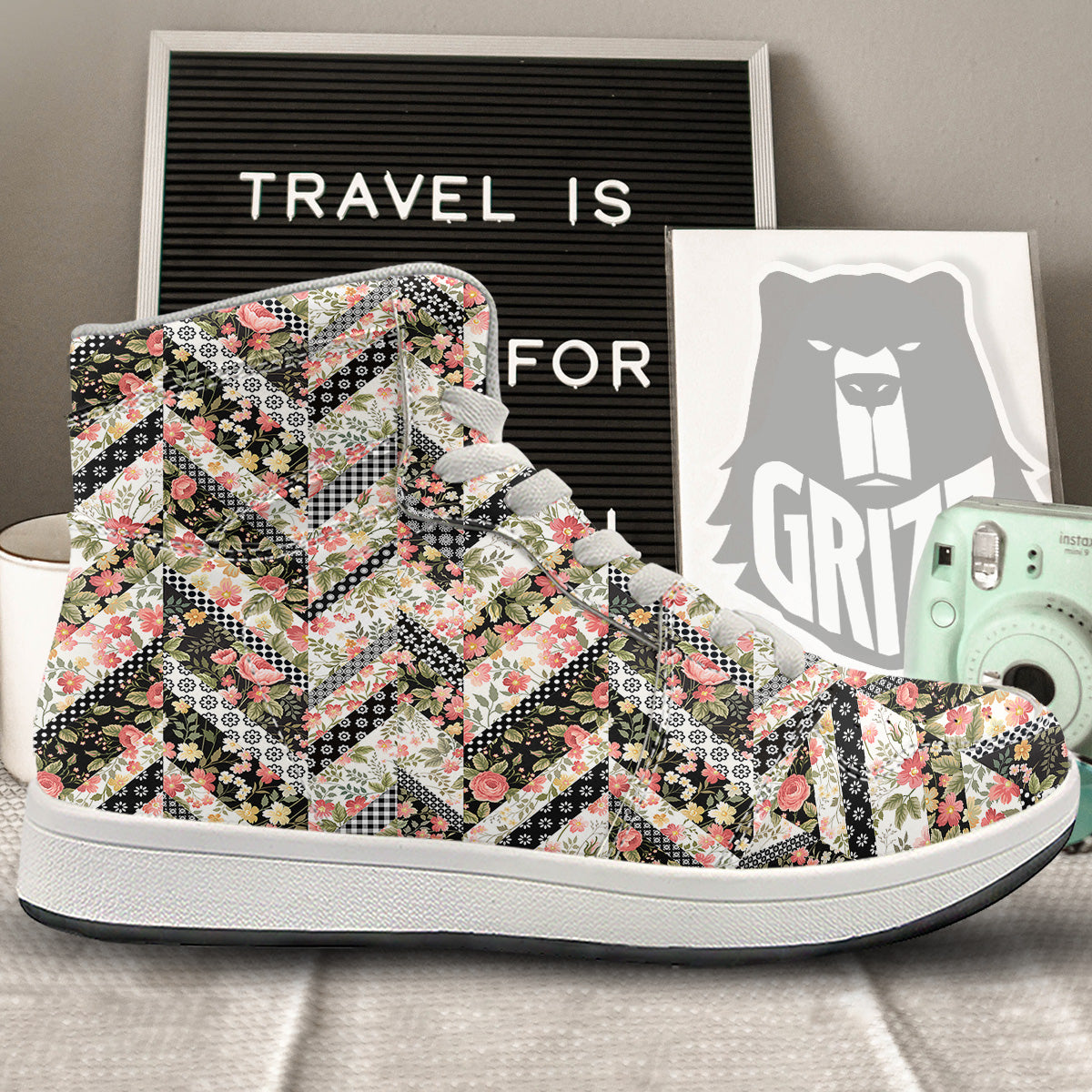 Zigzag Floral Patchwork Print Pattern High Top Sneakers-grizzshop