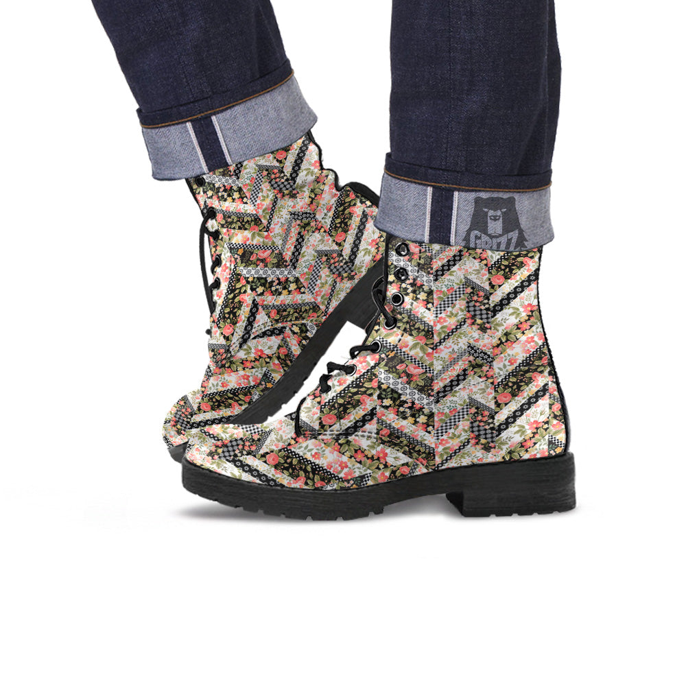 Zigzag Floral Patchwork Print Pattern Leather Boots-grizzshop