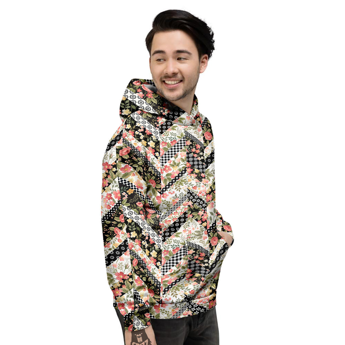 Zigzag Floral Patchwork Print Pattern Men's Hoodie-grizzshop