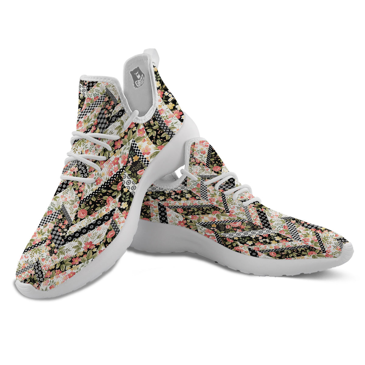 Zigzag Floral Patchwork Print Pattern White Athletic Shoes-grizzshop