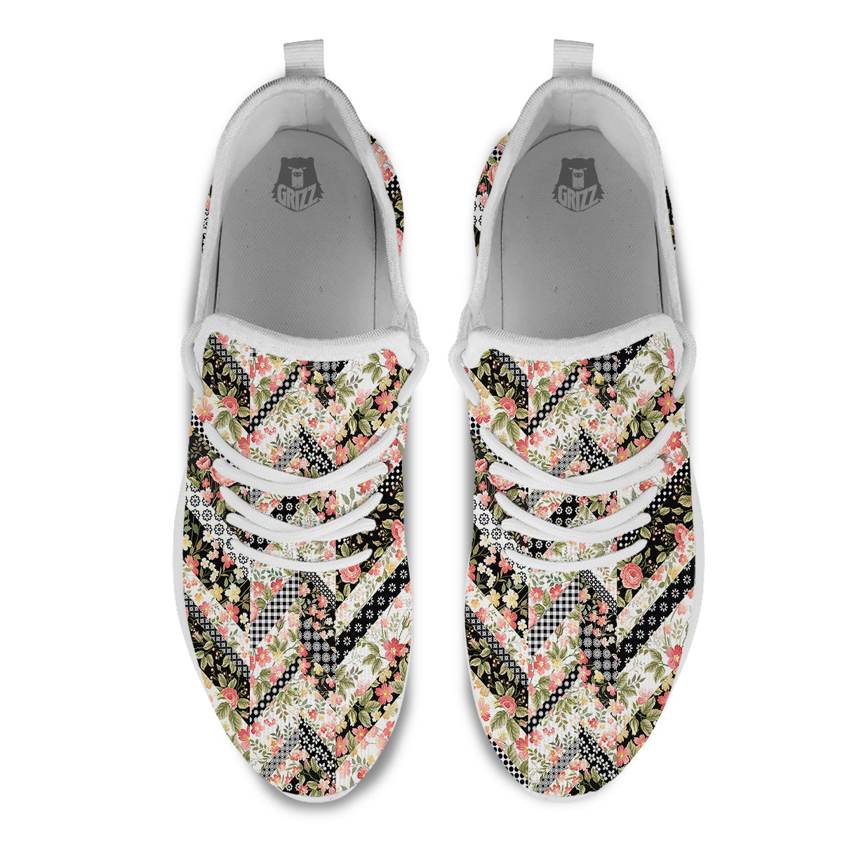 Zigzag Floral Patchwork Print Pattern White Athletic Shoes-grizzshop