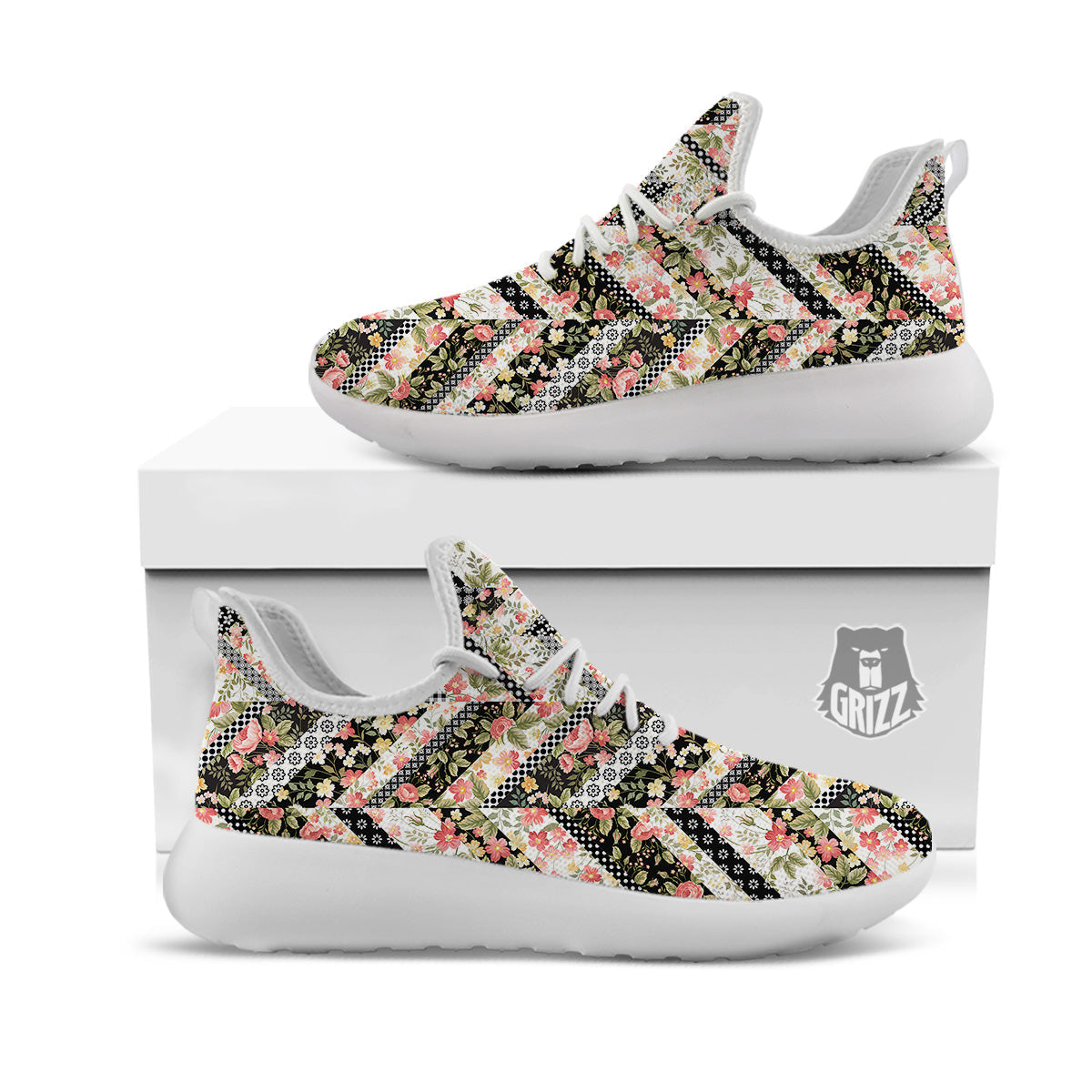 Zigzag Floral Patchwork Print Pattern White Athletic Shoes-grizzshop