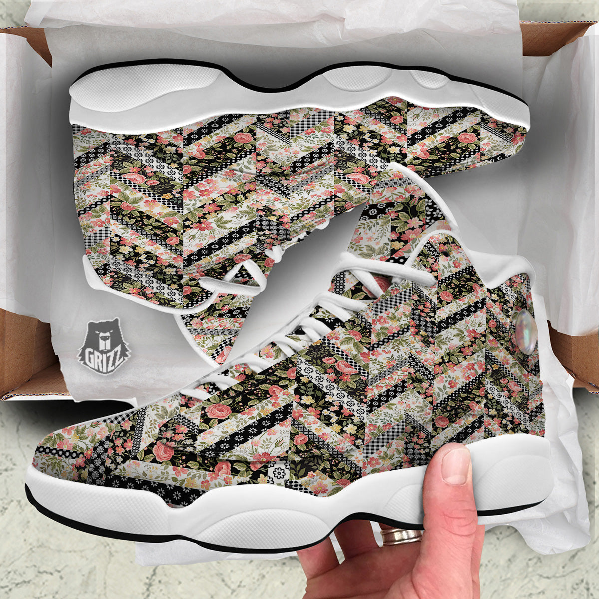 Zigzag Floral Patchwork Print Pattern White Basketball Shoes-grizzshop