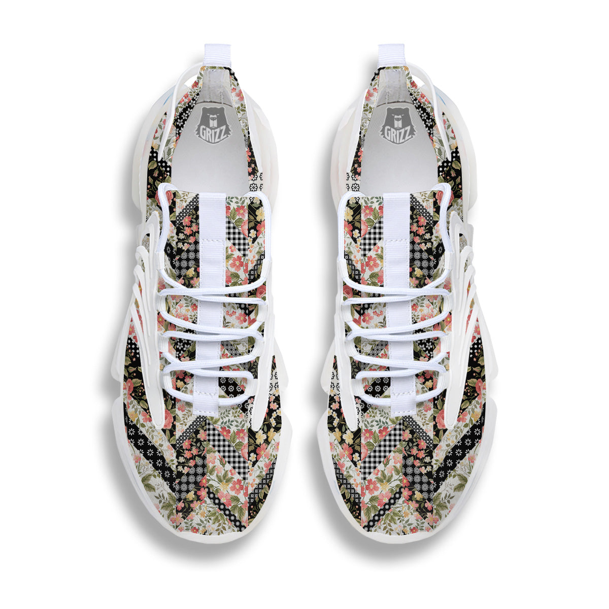Zigzag Floral Patchwork Print Pattern White Gym Shoes-grizzshop