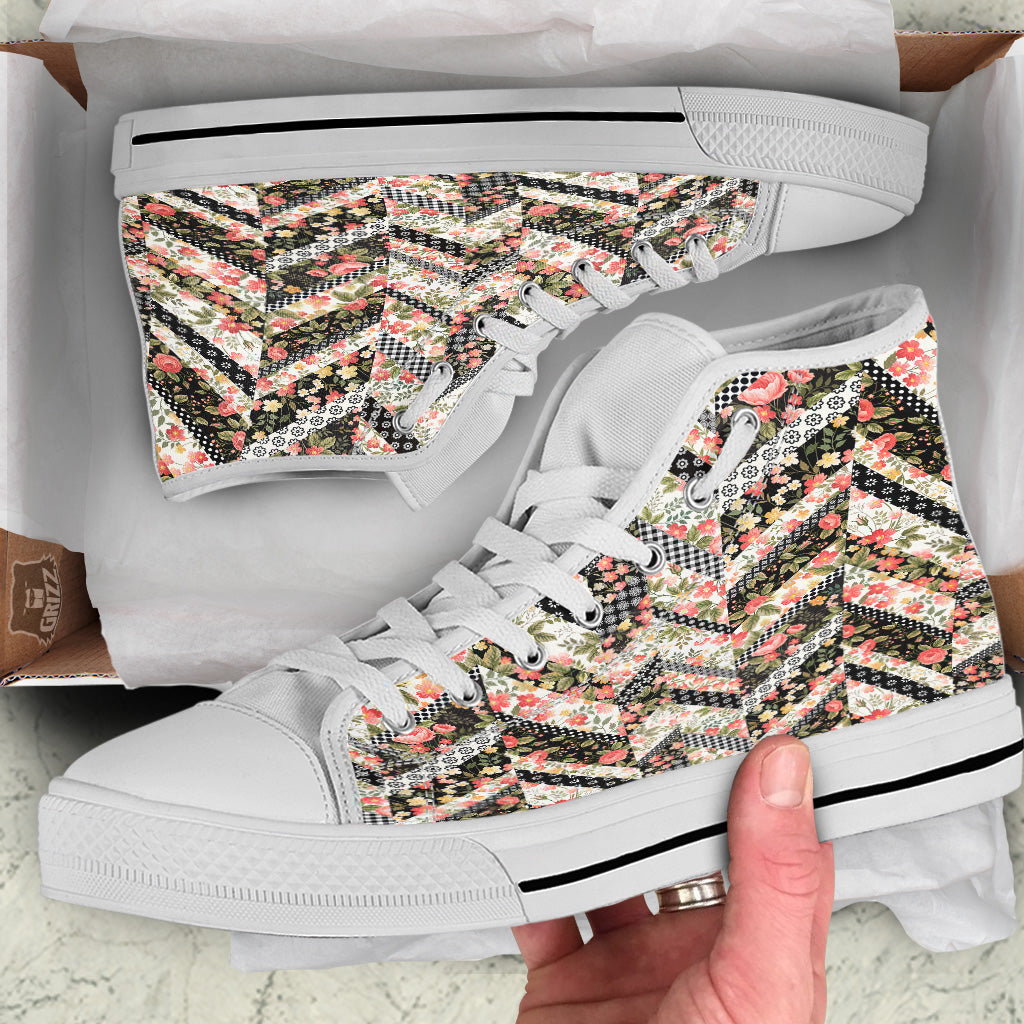 Zigzag Floral Patchwork Print Pattern White High Top Shoes-grizzshop