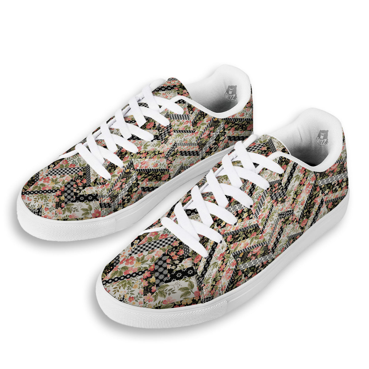 Zigzag Floral Patchwork Print Pattern White Low Top Sneakers-grizzshop