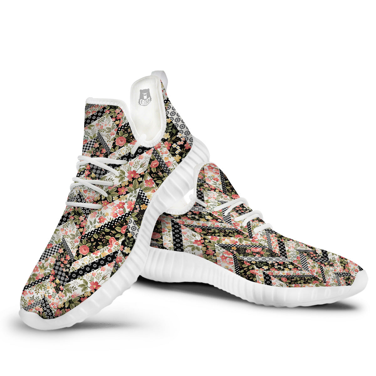 Zigzag Floral Patchwork Print Pattern White Walking Shoes-grizzshop