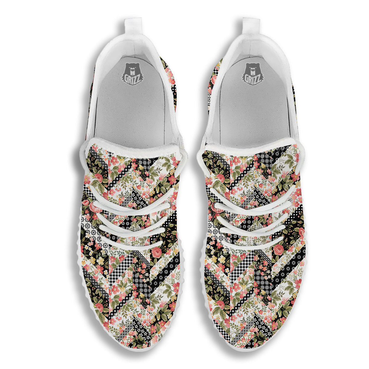 Zigzag Floral Patchwork Print Pattern White Walking Shoes-grizzshop