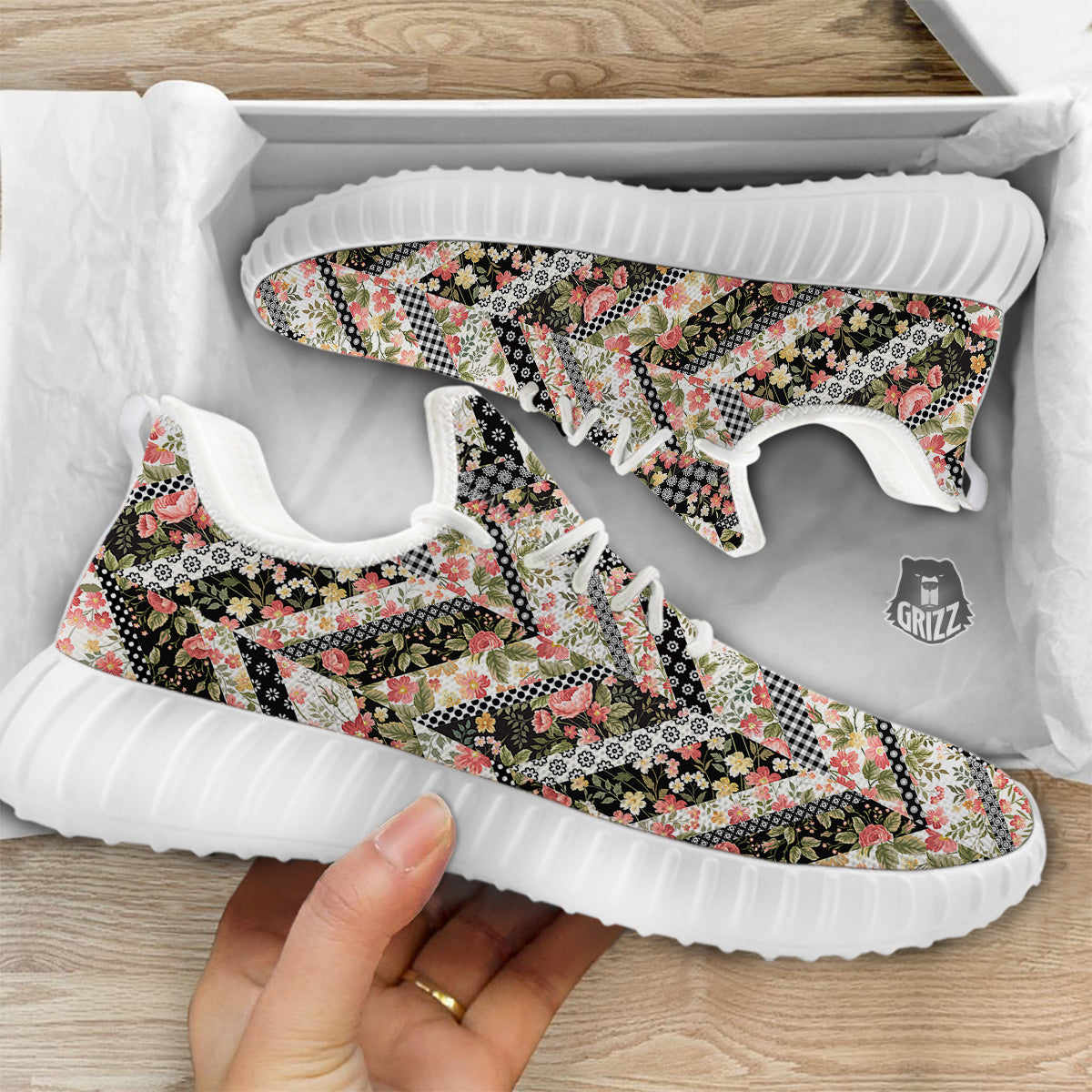 Zigzag Floral Patchwork Print Pattern White Walking Shoes-grizzshop