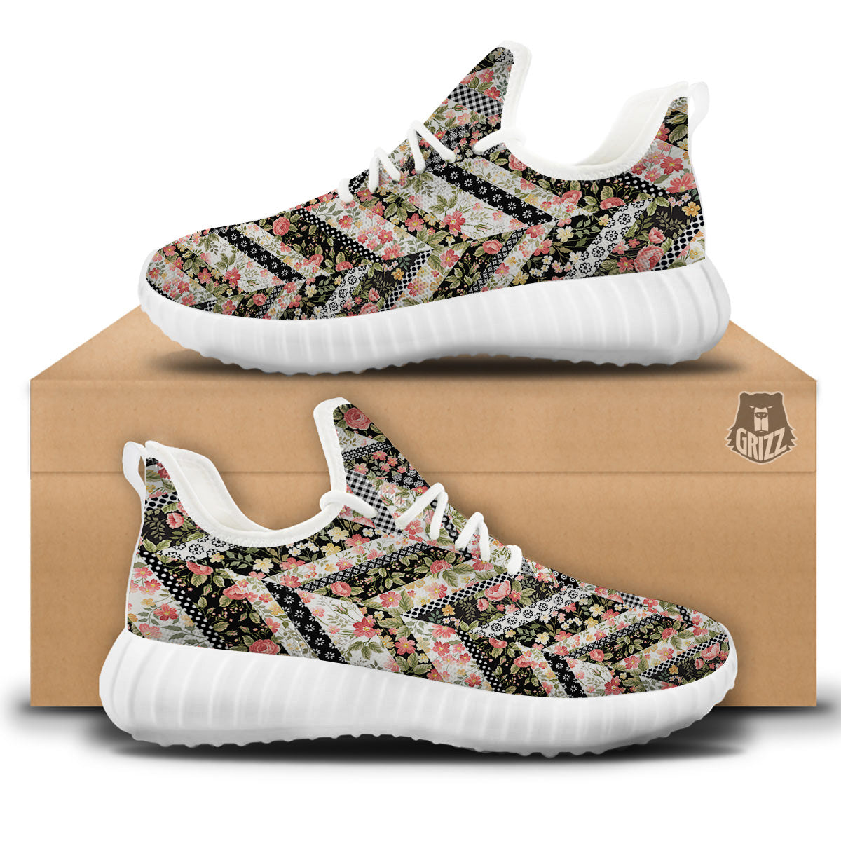 Zigzag Floral Patchwork Print Pattern White Walking Shoes-grizzshop