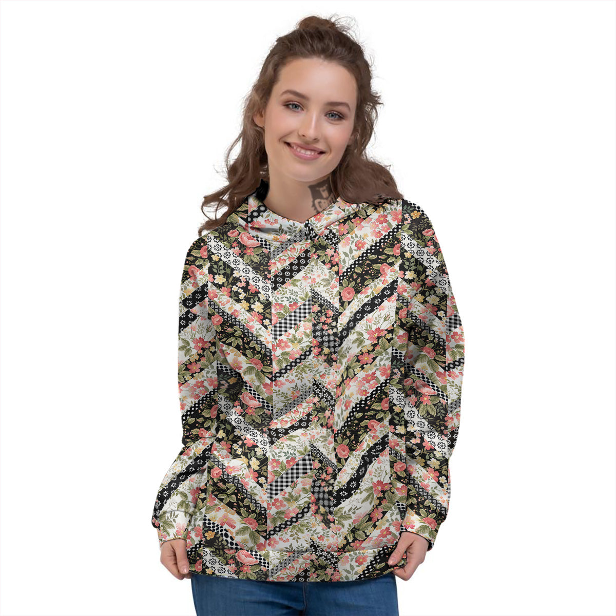 Zigzag Floral Patchwork Print Pattern Women's Hoodie-grizzshop