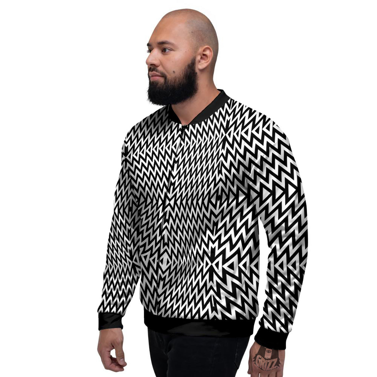 Zigzag Lines Black Print Pattern Men's Bomber Jacket-grizzshop