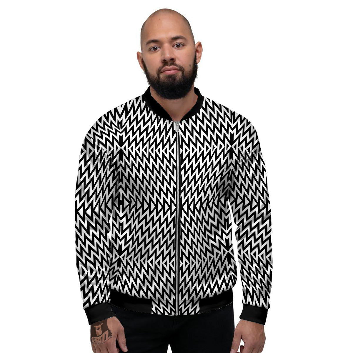 Zigzag Lines Black Print Pattern Men's Bomber Jacket-grizzshop