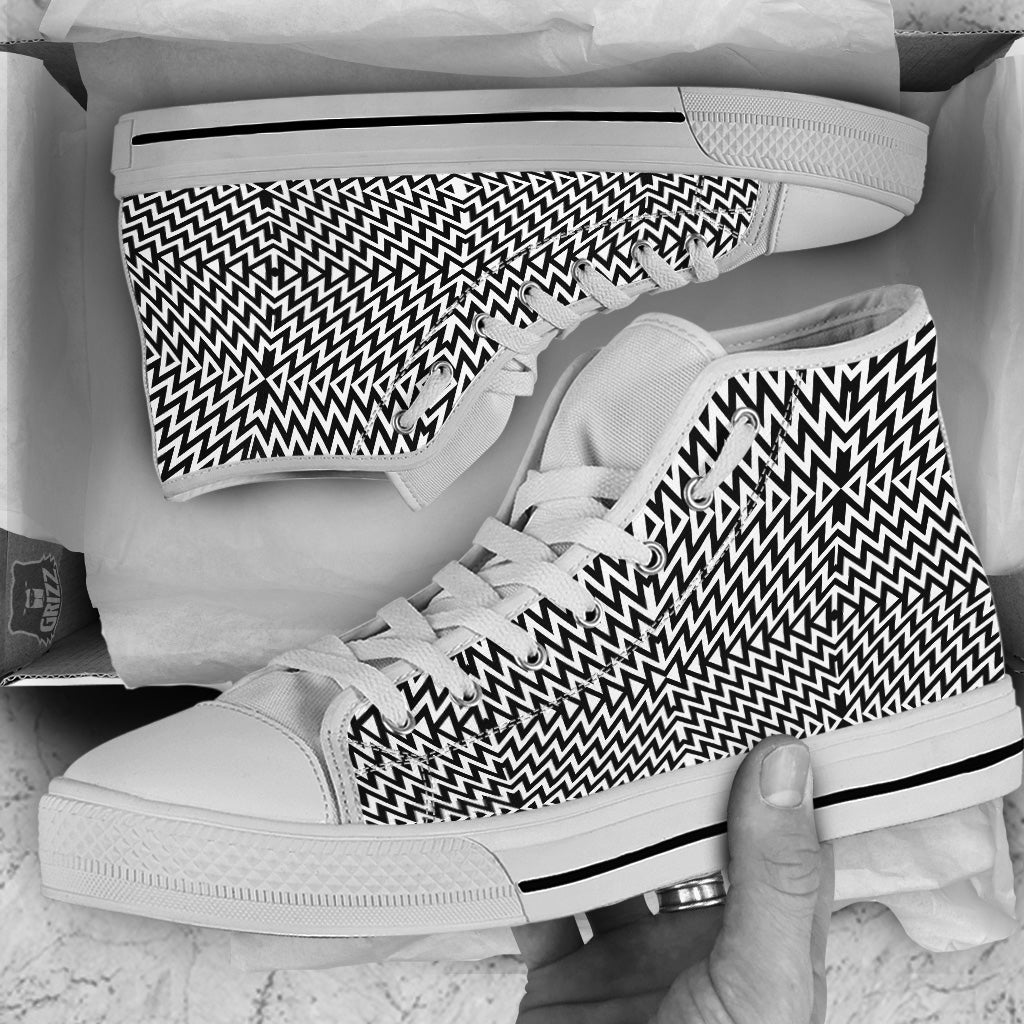Zigzag Lines Black Print Pattern White High Top Shoes-grizzshop