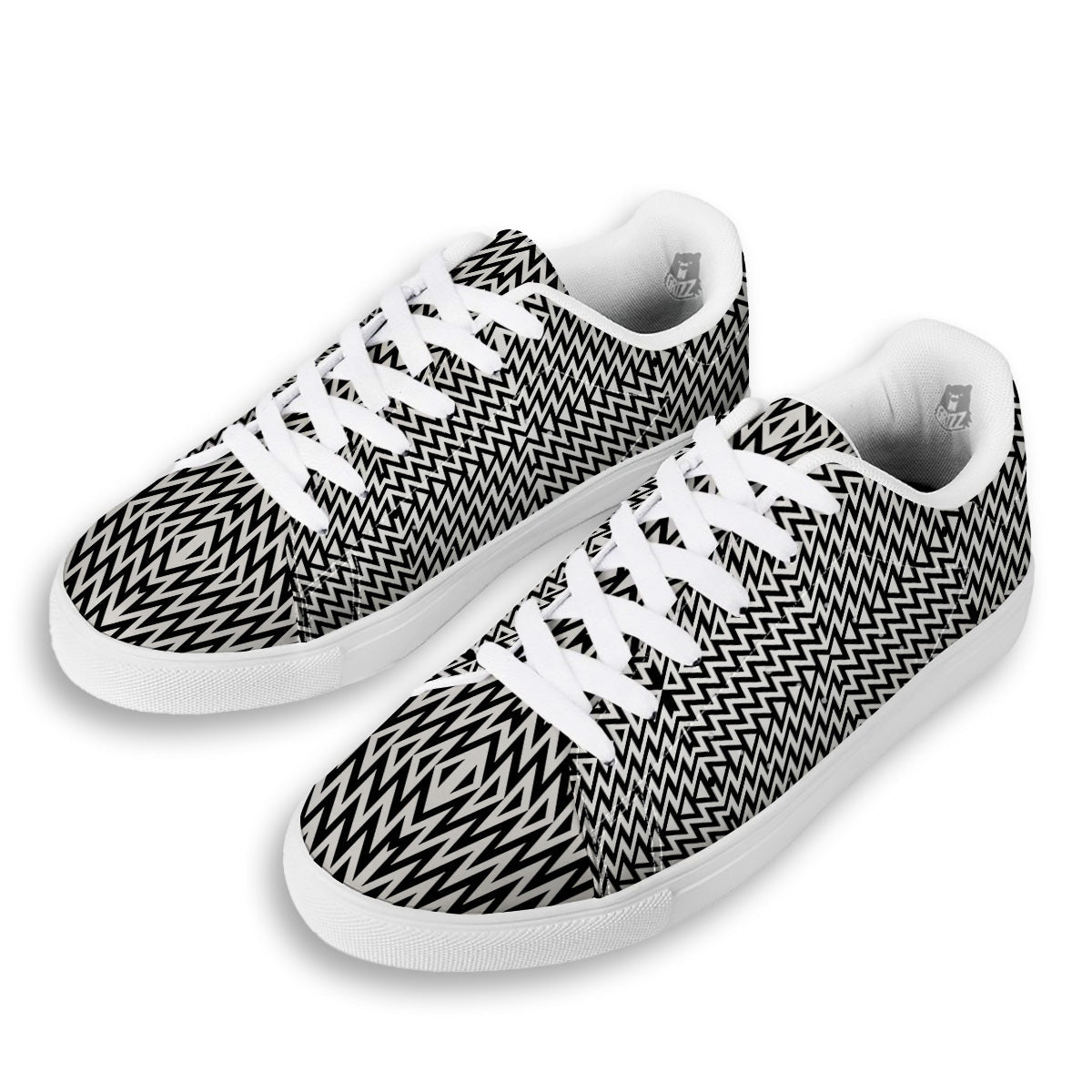 Zigzag Lines Black Print Pattern White Low Top Sneakers-grizzshop