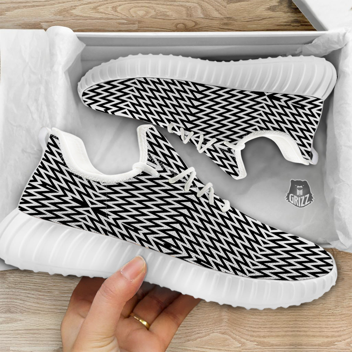 Zigzag Lines Black Print Pattern White Walking Shoes-grizzshop