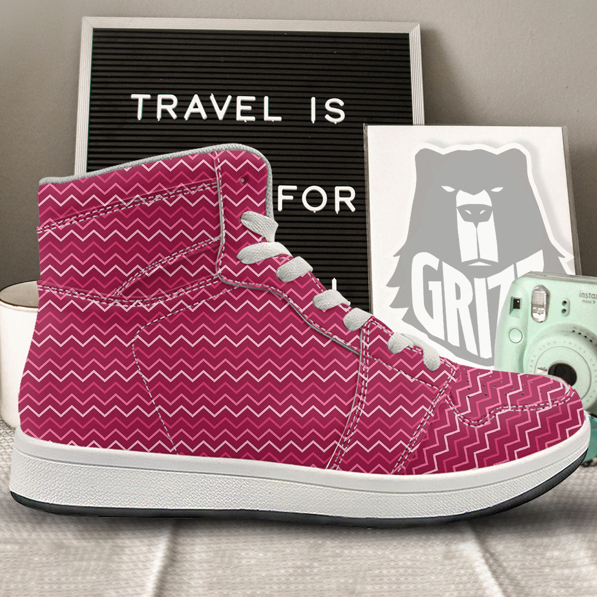 Zigzag Magenta Pink Print Pattern High Top Sneakers-grizzshop