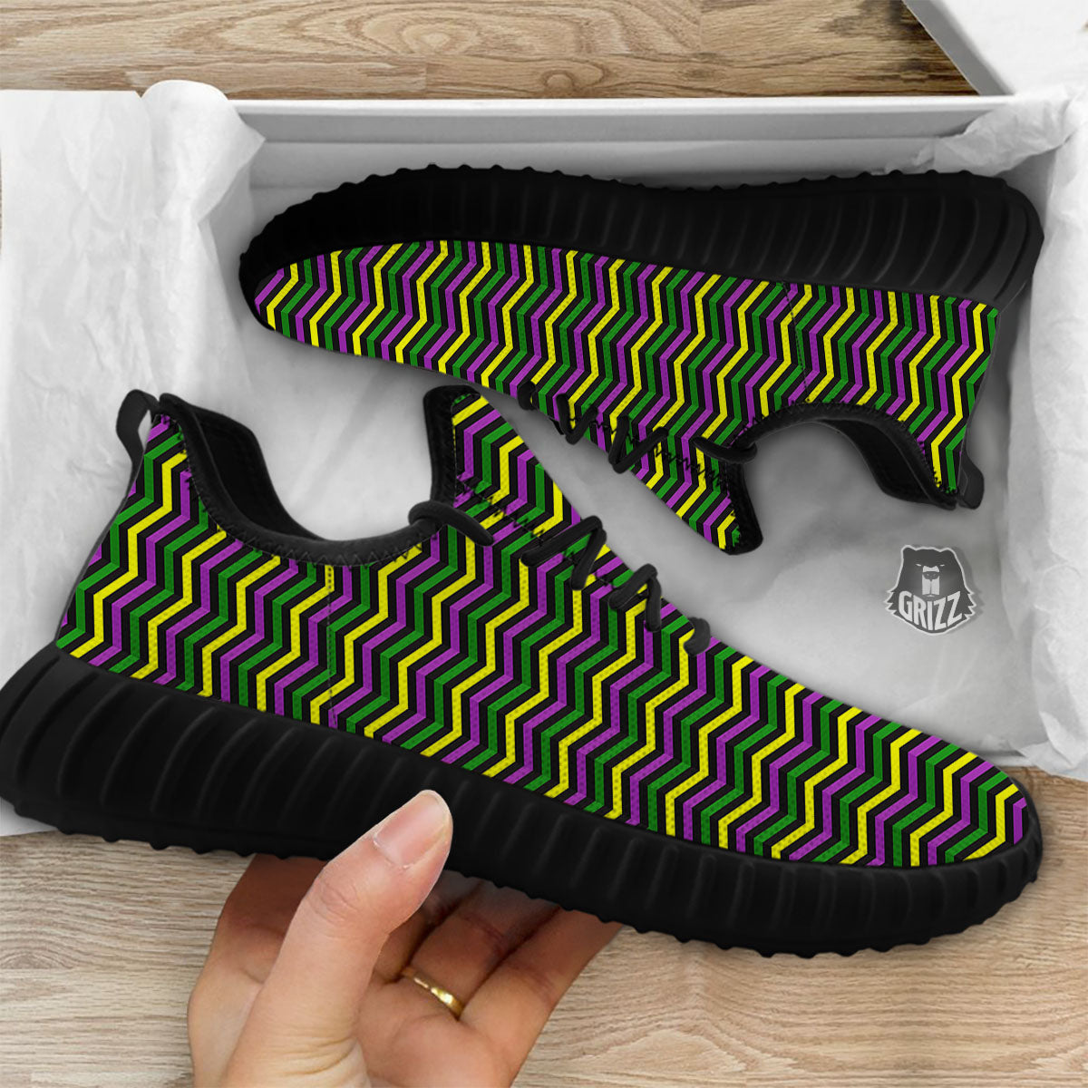 Zigzag Mardi Gras Print Pattern Black Walking Shoes-grizzshop