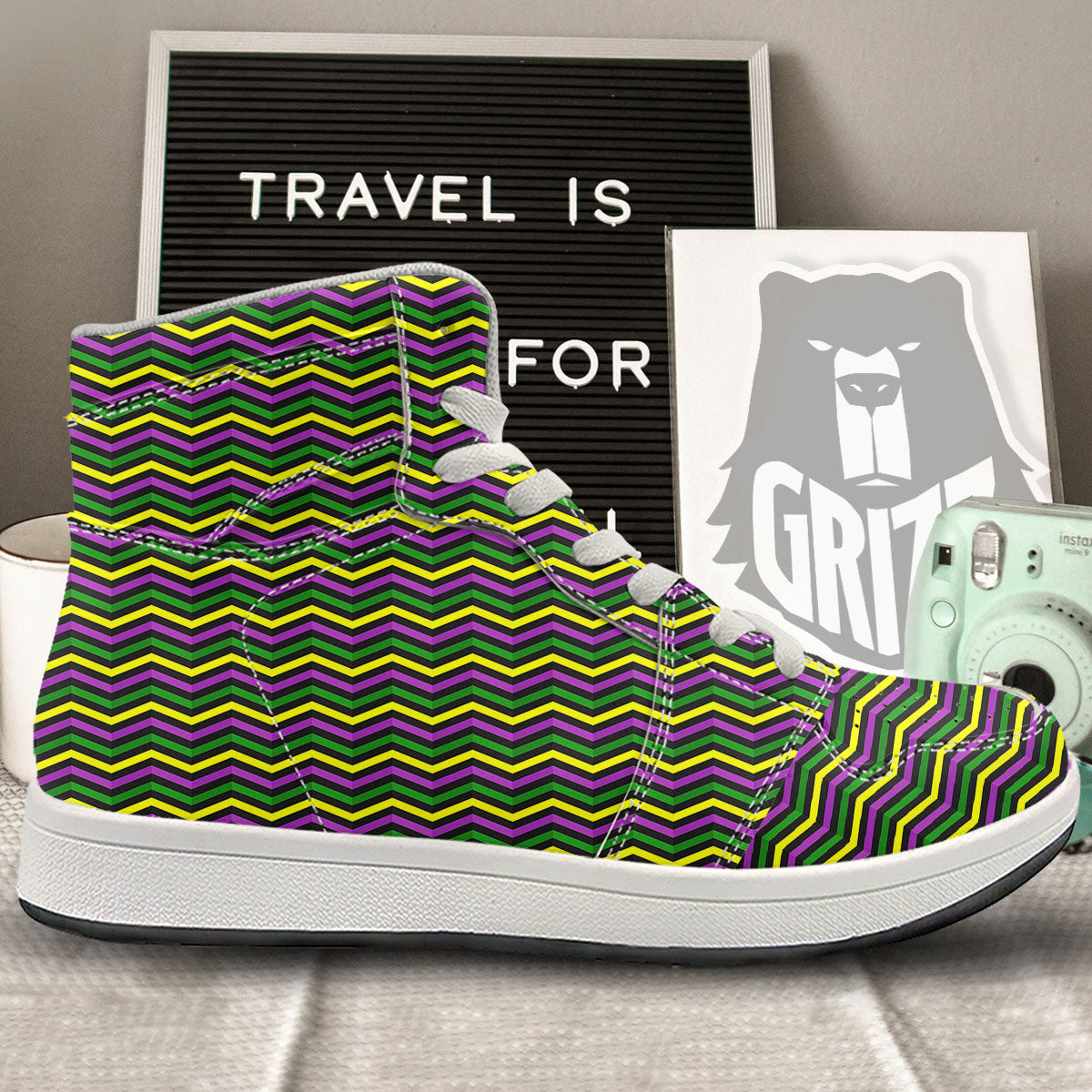Zigzag Mardi Gras Print Pattern High Top Sneakers-grizzshop